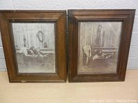 Pair of framed western-themed sepia pictures showing children in wooden tubs with rustic backgrounds, displayed side by side on a surface.