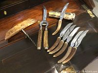 Full view of the set showing six knives with curved blades and antler handles, Solingen bone shears with locking device, large bone handled corkscrew with curved sheath.