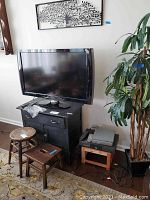 Vizio 42-inch flat panel TV on black cabinet with two wooden stools nearby, Magnavox and Zenith DVD players visible on wooden stand.