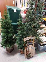 Three prelit artificial Christmas trees of varying heights with pine cone accents, and a wooden sled decoration with Seasons Greetings sign placed in front of the trees.