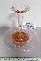 Front view of pink glass bowl with flower frog and vase showing size and form