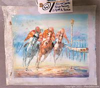 Full view of the unframed oil on canvas painting depicting a vivid horse racing scene featuring three horses and jockeys racing toward the viewer with faint race track background. Shows dirt on top left corner of the canvas.