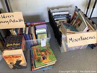 Photo showing labeled containers with children's and young adult books including Harry Potter and a colorful illustrated book on top