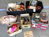 Overview photo showing multiple bins containing stuffed animals, dolls, toys, and VHS tapes arranged on floor.