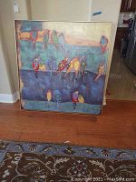 Photo of square oil painting on stretched canvas showing colorful birds perched on horizontal platforms with a muted blue and turquoise background and soft peachy sky. The painting is framed with a thin frame and signed by the artist.