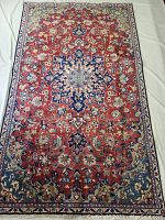 Full top view of rug showing entire medallion and border pattern on white background