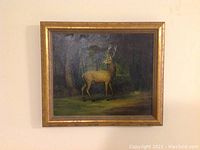 Full front view of framed oil painting showing red stag in forest