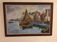 Frontal view of entire framed painting showing artwork and frame profile