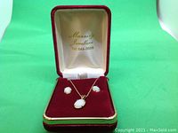 Jewelry in red velvet Manning Jewellers case showing chain and earrings