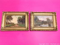 Front view of both oil paintings in gilt frames on pink background