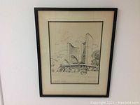 Full view of framed etching depicting Toronto City Hall showing the twin curved towers and plaza.