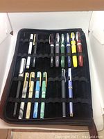 Top view of all pens in black zippered case, showing multiple slots filled with various colored pens.