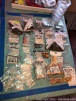 Overview photo showing multiple small bags containing various jewelry chains, clasps, charms, and findings organized on a surface.