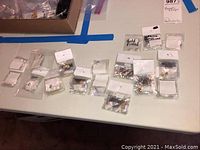 Overview photo of multiple small resealable plastic bags containing assorted jewelry magnetic clasps arranged on a white surface.