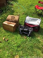 Photo showing two woven picnic baskets, one medium-sized with hinged lid and handle, and one smaller rectangular woven basket. Two nylon pet carriers placed beside baskets on grass. Larger pet carrier with gray, red, and white panels, smaller carrier black with zebra stripes.