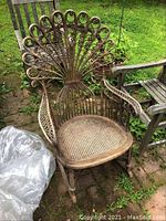 Rocking chair with peacock-style rattan back and caned seat, outdoor setting on grass with other chairs nearby.