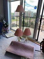 Three lamps set near a large window with buildings visible outside, two small table lamps and one tall floor lamp. Light bulbs visible on the base of the floor lamp. Pink 3x5 rug placed on floor in front.