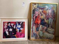 Two pieces of wall art displayed side by side on the floor, showing the oil painting on the right and the print on the left.