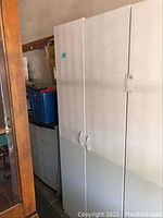 Full view of white double-door melamine cabinet standing in garage.