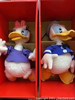 Photo of Donald Duck and Daisy Duck plush toys inside original red boxes from Gund
