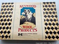 Box top of original Kenwood Wool Products packaging with ram illustration and Canadian company branding.