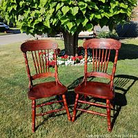 Pair of mahogany hardwood chairs on grass with a tree background, showing overall front and side views with detailed carving on the backrests and turned legs.