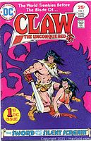 Front cover of Claw the Unconquered issue #1 comic book showing colorful fantasy artwork of a barbarian and a female companion, with publishing and issue details.