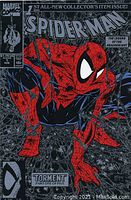 Front cover of Spider-Man #1 comic book with Spider-Man crouching in red and black suit with webs around.