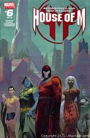 Cover of House of M #6 comic book showing Magneto, Storm, and others in a cityscape background
