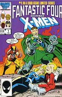 Cover of Fantastic Four Versus The X-Men Issue #1 showing Mister Fantastic holding a mechanical mask, Wolverine and Human Torch on fire