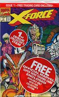 Front cover of X-Force comic issue #1 showing free Marvel trading card offer and first appearance of Domino and Six Pack.