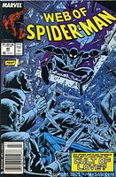 Cover of Web of Spider-Man Issue 40 showing Spider-Man in black suit fighting multiple adversaries through a shattered window, text mentions "Cult of Love" storyline Part 1.