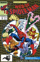 Cover image of Web of Spider-Man #50 with the Outlaws characters and Spider-Man in dynamic poses on a gold and black patterned background.