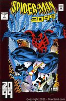 Front cover image of Spider-Man 2099 #1 comic book showing character in blue and red suit against city background.