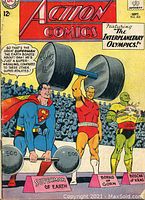 Front cover of Action Comics #304 featuring Superman competing in the Interplanetary Olympics lifting weights alongside two alien athletes. The cover is worn and shows age.