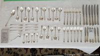 Full layout of 56-piece set on white cloth, showing knives, forks, spoons and serving ladle