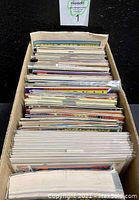 Photo showing a large box filled with assorted comic books in protective covers, mostly stored vertically