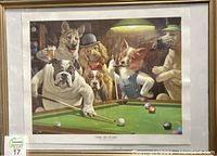 Framed lithograph print of six dogs playing pool, titled 'The Hustler'.