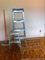Front view of 2 metal step ladders, 2 shoe racks and orange shag rake on carpeted floor.