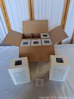 Open cardboard box containing 6 Malibu Festival Luminary Solar Lights still in packaging, two solar lights placed in front to show design and size.