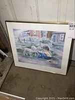 Framed print showing 'The Gentle Touch' with a child feeding lambs in a countryside farm setting.