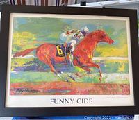Framed print by Leroy Neiman titled Funny Cide showing a racehorse #6 with jockey, colorful impressionistic style