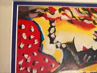 Close up of lower left corner of the serigraph showing the edition number 185/330 and part of the woman in red polka dot dress