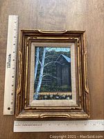 Painting showing barn, tree and flower details with ruler alongside for size reference.
