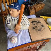 Photo of ceramic baseball player cookie jar, Babe Ruth drawing and official MLB baseball