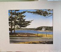 Full view of the watercolor painting showing an old stone church by water and trees with matting.