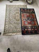 Two rugs side-by-side on carpeted floor. Larger beige traditional patterned rug with fringed edges on left and smaller multi-colored geometric runner on right.