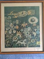 Full framed lithograph displaying floral and horse imagery with margins, title and signature visible