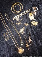 Top down view of assorted jewelry on black fabric showing multiple necklaces, earrings, brooches and animal pins