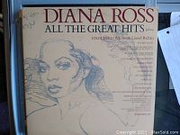Front cover of the vinyl album titled 'Diana Ross All the Greatest Hits' with sketched female portrait and track listing including 'Endless Love' with Lionel Richie. Cover shows some wear and autograph.